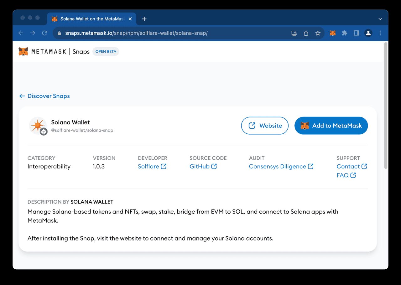 步骤 2:为 Solana 设置 MetaMask Snaps
