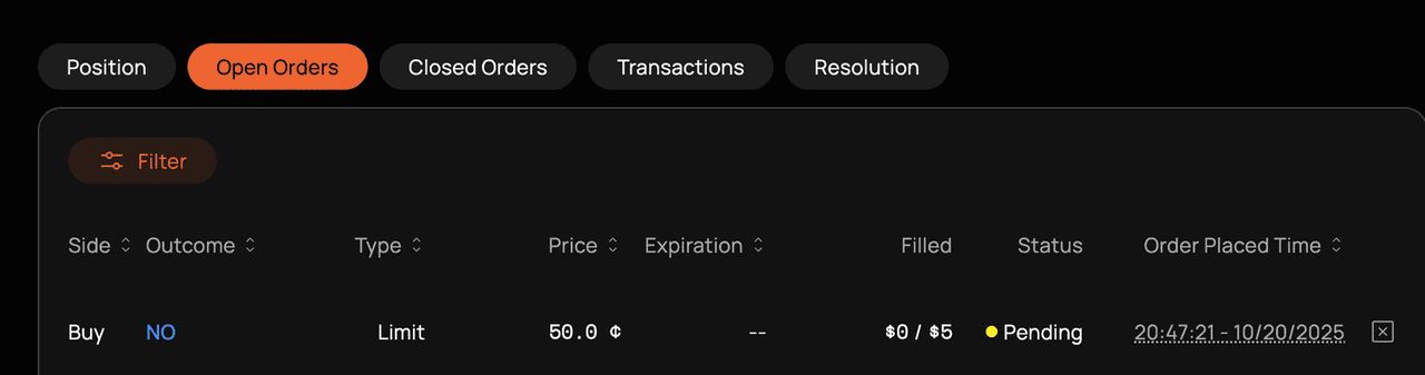 Opinion上的未平仓订单