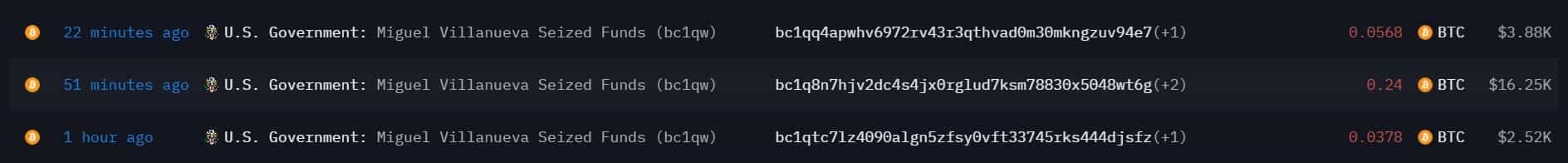 美国政府与Miguel Villanueva没收钱包相关的比特币转出交易